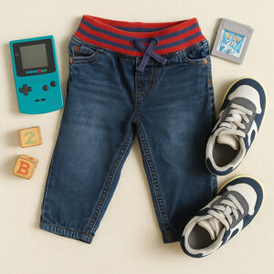 Vintage Baby Boden Denim Jeans | Red Striped Waistband | Jersey Lined | 18-24 M